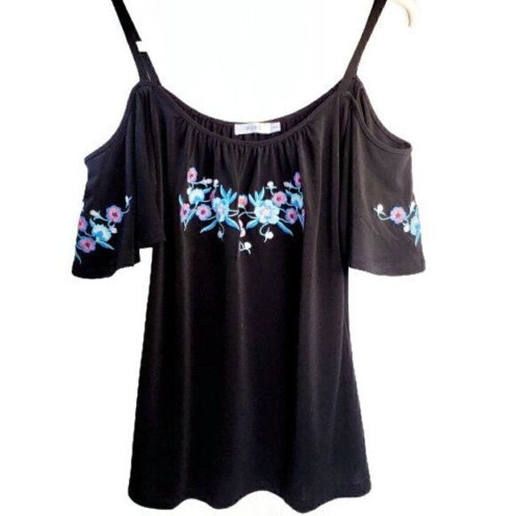 𝅺WOMEN'S Black Top with Floral Embroidery, Summer Party Blouse, Size M - Picture 2 of 5